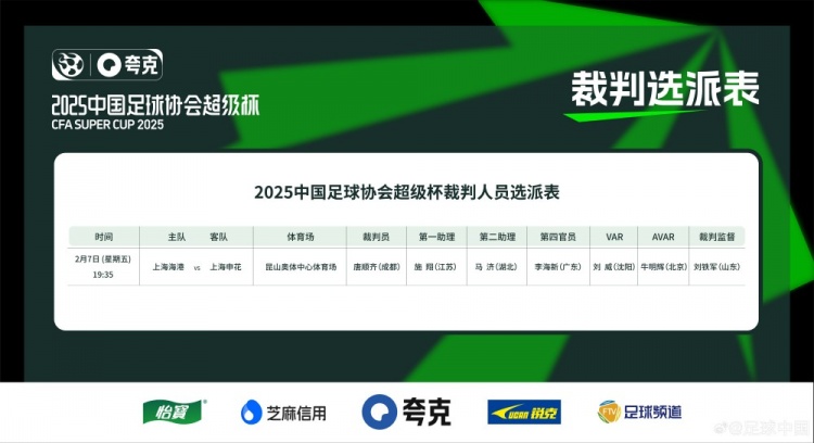  超級杯海港vs申花裁判員名單：主裁判唐順齊，VAR劉威