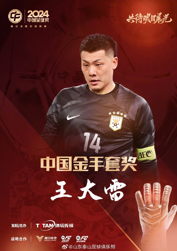  王大雷榮獲中國金手套獎，謝文能入選中國金球獎候選人前三名