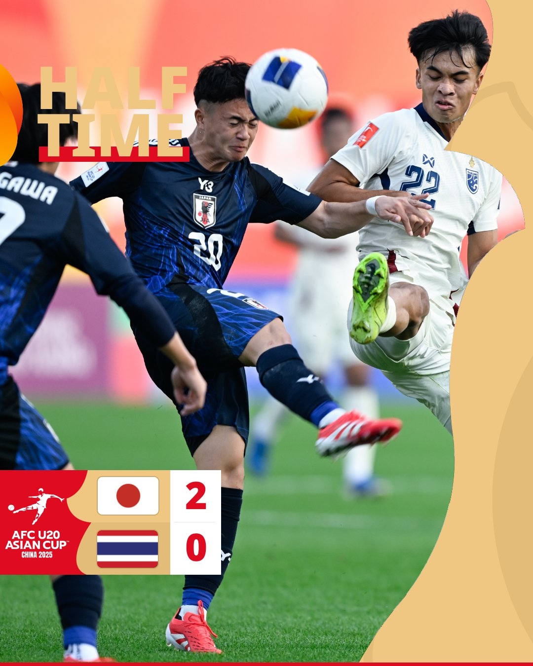  半場(chǎng)-日本U20 2-0領(lǐng)先泰國U20，石井久繼破門(mén)+中柱 泰國0射正
