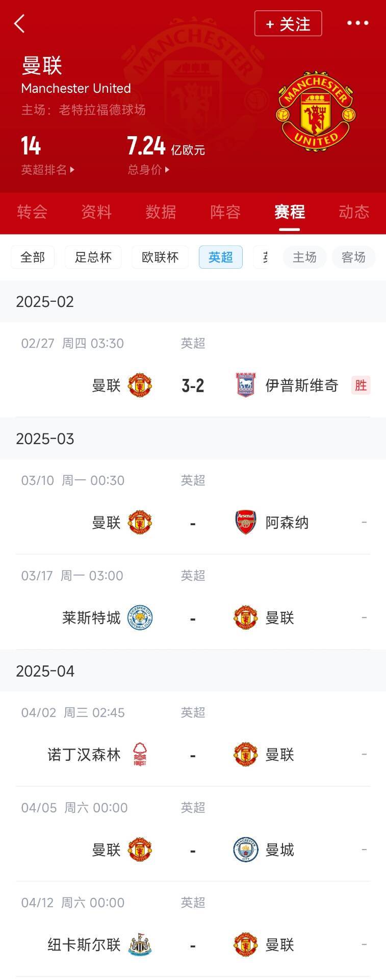  藍狐救一下？曼聯(lián)未來(lái)5輪將遭遇英超2/3/4/6名：槍手森林曼城紐卡