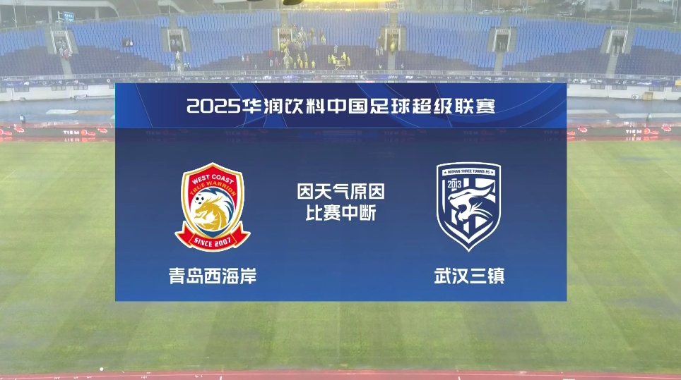  比賽延期！青島西海岸vs武漢三鎮進(jìn)行至18分鐘，因天氣中斷30分鐘